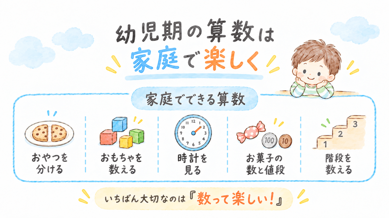幼児期の算数を家庭で楽しくできることをまとめたイラスト