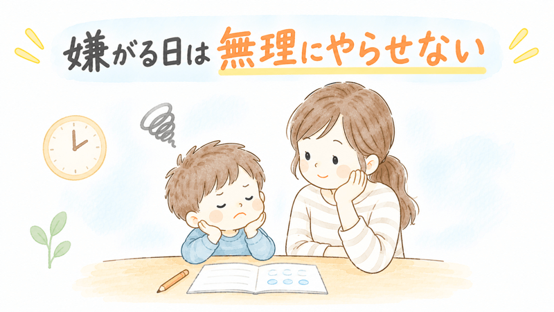 算数を嫌がる幼児に無理やり勉強させず、母親がそっと見守っているイラスト
