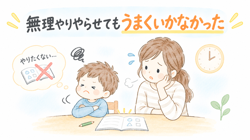計算ドリルを無理にやらせて、子どもと母親の両方が疲れている様子のイラスト