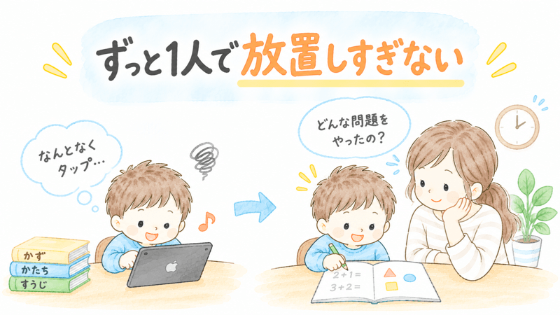 幼児の算数学習を放置せず、母親がときどき様子を確認して見守っているイラスト