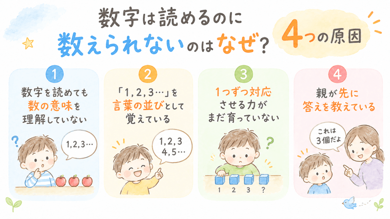 数字は読めるのに物を数えられない幼児に考えられる4つの原因をまとめた画像