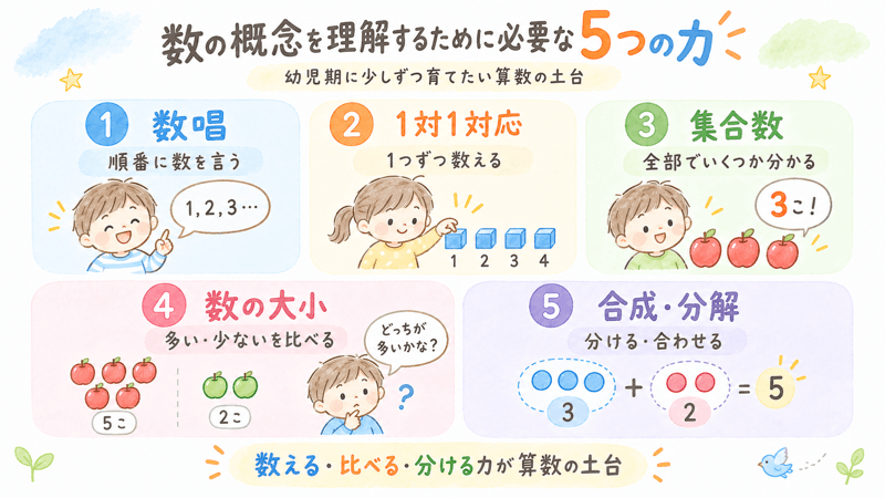 数唱・1対1対応・集合数・数の大小・合成分解の5つの力をまとめた画像