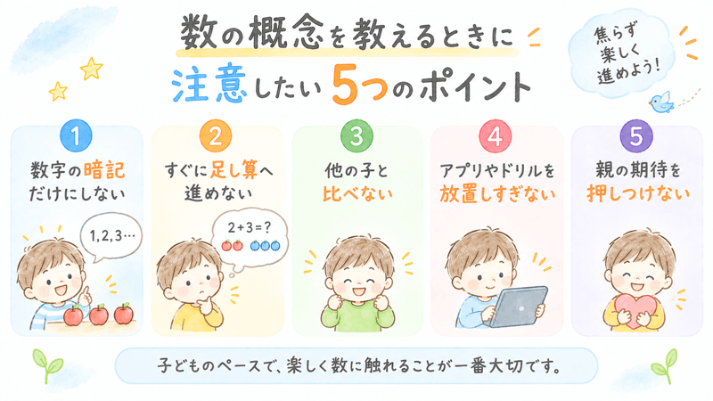 幼児に数の概念を教えるときに注意したい5つのポイントをまとめた画像