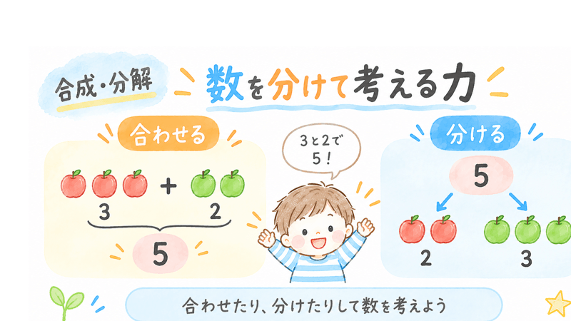 3と2を合わせて5にする合成と5を2と3に分ける分解を説明した画像