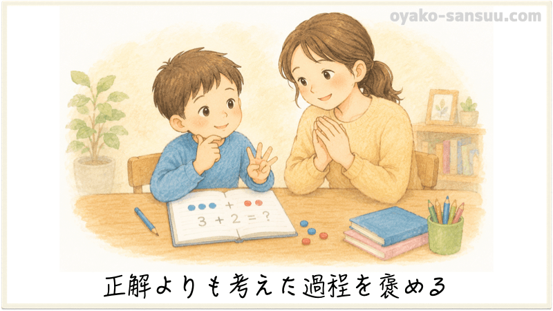 幼児の算数を続けるコツ：母親が子供に対して正解よりも考えた過程を褒めている画像