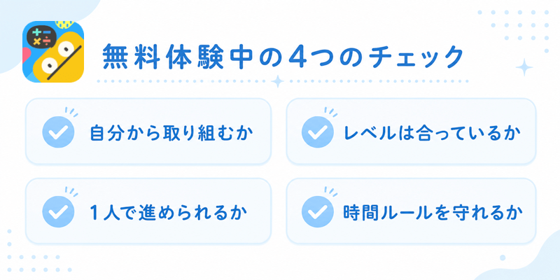 トドさんすう無料体験中の4つのチェックポイント｜自発性・レベル・自立性・時間ルール