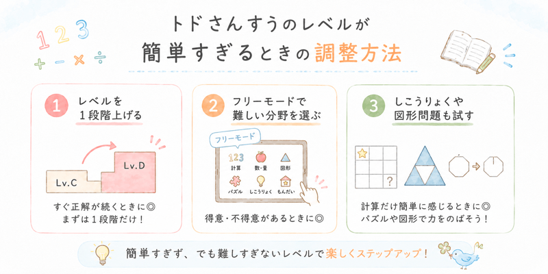 トドさんすうのレベルが簡単すぎる時の対処法