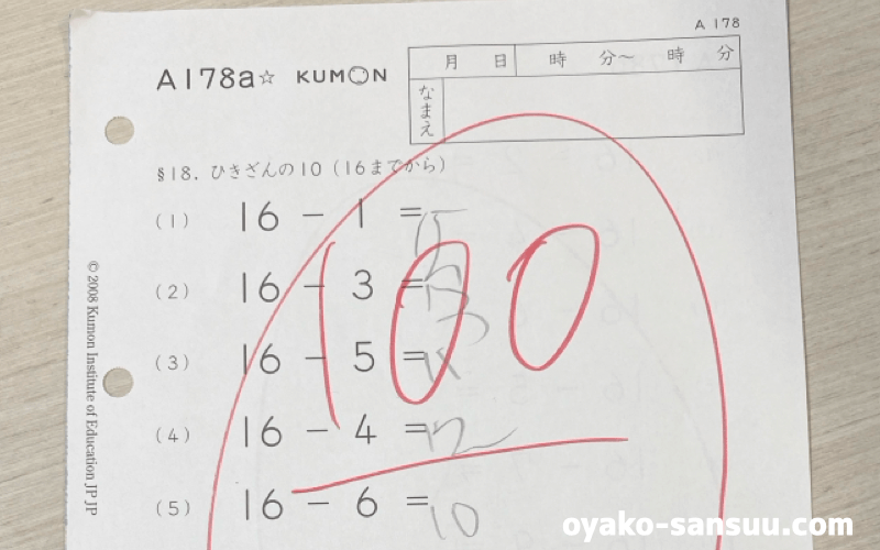 6歳児が公文算数のプリントで100点を取った写真